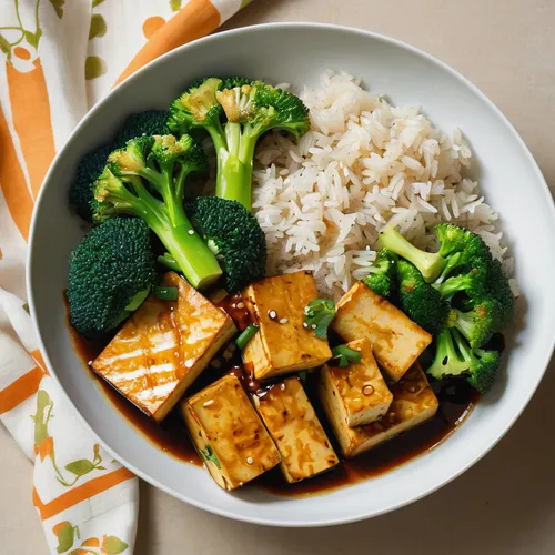 Rice, broccoli and the teriyaki tofu in a white serving bowl.,tofu skin,agedashi tofu,tofu,general tso's chicken,tempeh,sesame chicken,sweet and sour chicken,sweet and sour fish,paneer,teriyaki,sweet 