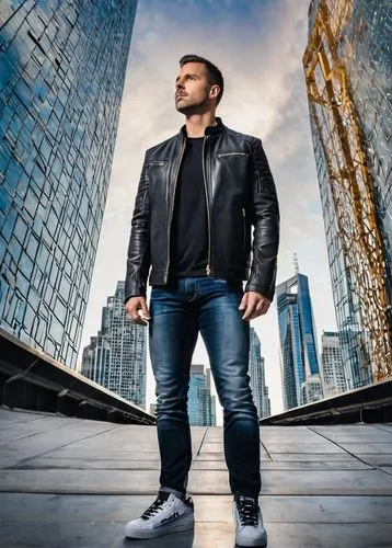 Architectural photography, professional photographer, male, 35yo, holding camera, serious expression, black leather jacket, jeans, sneakers, standing, skyscraper, cityscape, modern architecture, glass