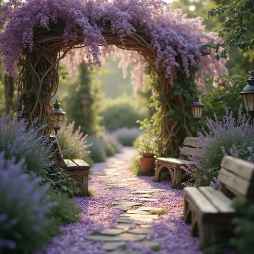 garden bench,wisteria,wooden path,tunnel of plants,pathway,walkway,lilac arbor,nature garden,arbor,purple landscape,plant tunnel,forest path,pergola,to the garden,english garden,viola bridge,fairy forest,summer border,lavendar,beautiful garden flowers,Photography,General,Realistic