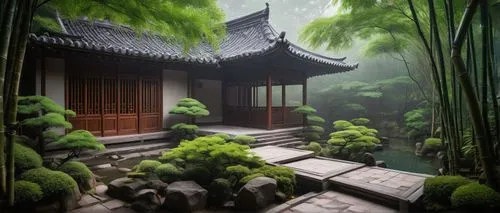 bamboo forest,asian architecture,shaoming,teahouse,bamboo plants,zen garden,dojo,ryokan,wuyuan,qingcheng,wudang,japanese zen garden,qibao,teahouses,japanese-style room,roof landscape,world digital painting,home landscape,bamboos,bamboo,Illustration,Realistic Fantasy,Realistic Fantasy 26