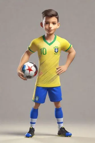 Caricatura 3D em jogador de futebol, não alterar características do rosto, camisa amarela do Brasil, short azul, meias brancas, chuteiras pretas,
renderizar textura de camisa e short e pele,fifa 2018,