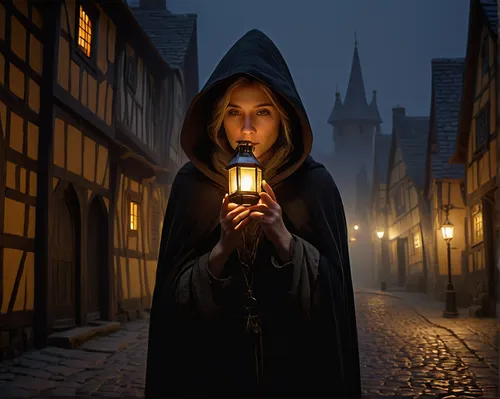 candlemaker,medieval street,the witch,gothic portrait,bremen,celebration of witches,girl in a historic way,the night of kupala,witch house,pilgrim,luneburg,lamplighter,vampire woman,gothic woman,sorceress,candlemas,witches,witch,fantasy picture,witch's house,Art,Artistic Painting,Artistic Painting 48