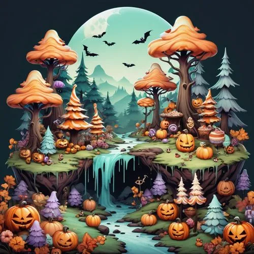 halloween background,halloween wallpaper,halloween illustration,mushroom landscape,halloween scene,halloween border,Illustration,Abstract Fantasy,Abstract Fantasy 11