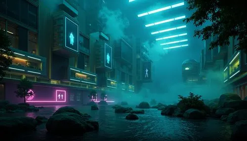 cyberscene,futuristic landscape,cybertown,cybercity,environments,microdistrict,cyberia,cyberpunk,night scene,alleyway,dystopias,cyberworld,city at night,cityscape,atmospheres,nightscape,virtual landscape,deluge,flooded pathway,synth