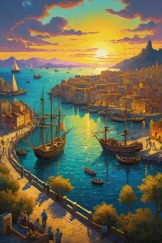 fantasy landscape,fantasy picture,constantinople,full hd wallpaper,harbor,mediterranean sea,the mediterranean sea,landscape background,mediterranean,world digital painting,sailing ships,windows wallpaper,alexandria,novigrad,boat landscape,sea landscape,malta,french digital background,sindbad,aivazovsky,Illustration,Realistic Fantasy,Realistic Fantasy 28