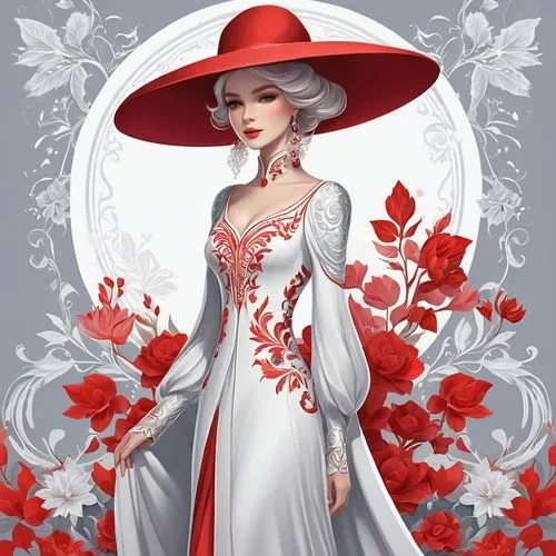 rose white and red,victorian lady,white rose snow queen,white and red,queen of hearts,red rose,suit of the snow maiden,the hat of the woman,fashion vector,lady in red,lady medic,parasol,rose flower illustration,nurse uniform,widow flower,red hat,ao dai,red petals,fashion illustration,poppy red,Illustration,Realistic Fantasy,Realistic Fantasy 01