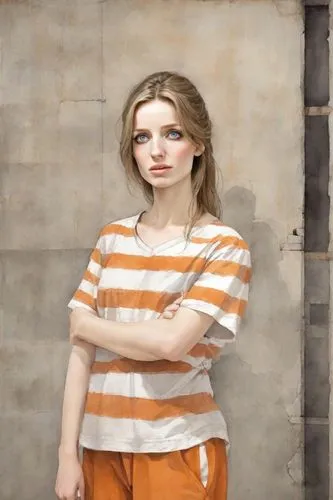 prisoner,portrait background,girl in a historic way,olallieberry,image manipulation,photoshop manipulation,girl in t-shirt,isolated t-shirt,girl in a long,prison,striped background,girl with cereal bowl,depressed woman,photo painting,digital compositing,orange,horizontal stripes,television character,drug rehabilitation,blonde woman reading a newspaper,Digital Art,Watercolor