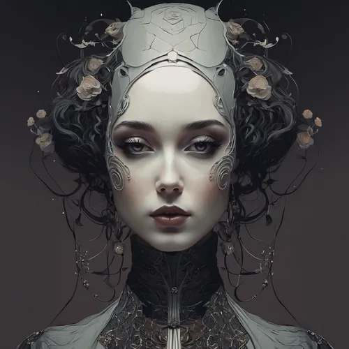 biomechanical,fantasy portrait,humanoid,mystical portrait of a girl,priestess,the enchantress,dryad,gothic portrait,masquerade,filigree,echo,cybernetics,faery,fantasy art,marionette,elven,decay,dark art,symbiotic,clockwork,Illustration,Black and White,Black and White 02