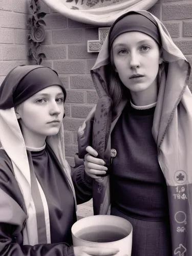 Black and white photo without symbols and signs. The girls tenderly worship and caress something.,a woman dressed in nun attire and a women dressed in nun costume pose,postulants,nuns,nunnery,monjas,h