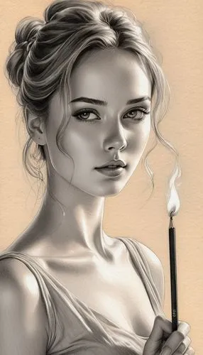 the drawings drawn with lit matches were cute, in the style of feminine portraiture, golden light, light gray, pensive poses, smokey background, light orange and light black, light & shadow ,a drawing