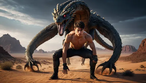 wadirum,capture desert,scorpion,digital compositing,wadi rum,drago milenario,wyrm,photo manipulation,photoshop manipulation,desert background,daemon,alien warrior,giant lizard,landmannahellir,scaled reptile,bale,desert run,dragon slayer,kickboxer,game art,Photography,General,Sci-Fi