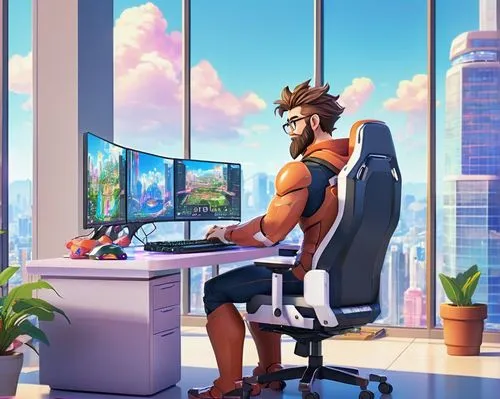 blur office background,constructorul,man with a computer,modern office,new concept arms chair,dream job,ergonomic,bleszinski,creative office,ceo,computer workstation,work from home,ergonomics,desk,ergonomically,working space,computer business,office worker,overwatch,wonderworker,Illustration,Japanese style,Japanese Style 02