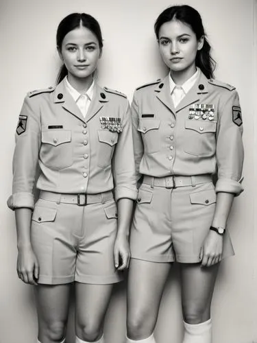 Black and white high resolution photography: The female soldiers walk side by side and appear relaxed, despite being in a military environment. They exchange warm smiles, showing their close friendshi