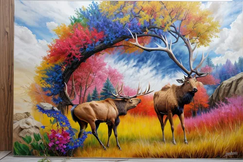 elk,glass painting,kudu,antelopes,deer illustration,pere davids deer,wall painting,hartebeest,kudu buck,mural,oil painting on canvas,art painting,elk reposing on lateral moraine,fall picture frame,antelope,deers,indigenous painting,hunting scene,mule deer,khokhloma painting