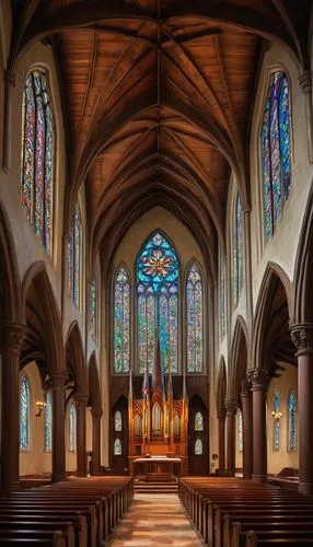 pcusa,sanctuary,presbytery,transept,episcopalianism,christ chapel,stained glass windows,chapel,episcopalian,pews,nave,interior view,ecclesiastical,church painting,choir,collegiate basilica,mdiv,ecclesiatical,interior,stained glass,Illustration,Realistic Fantasy,Realistic Fantasy 34