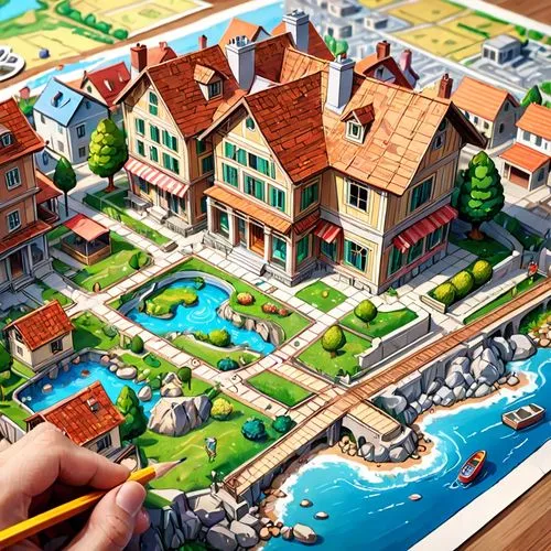 seaside resort,resort town,popeye village,playmat,houses clipart,isometric,escher village,game illustration,meticulous painting,town planning,colouring,3d fantasy,beach resort,world digital painting,3d rendering,illustrator,house by the water,color pencils,aqua studio,pool house,Anime,Anime,General