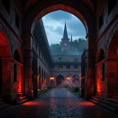 Mysterious Gothic stadium, dark stone walls, ornate iron gates, grandiose arches, pointed spires, mystical ambiance, eerie fog, dim warm lighting, rich jewel tones, deep crimson reds, midnight blues, 