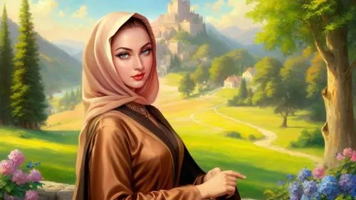 Romantic masterpiece oil painting, beautiful girl portrait, silk abaya dress, nostalgic 1950's style kitsch, breathtaking beautiful epic vast landscape, majestic scenery, highly detailed, high res, ab