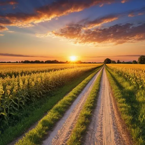 
arafed road leading to a field with a sunset in the background, going forward to the sunset, country road, summer sunset, beautiful sunset, hd wallpaper, inspired by Phil Koch, warm beautiful scene, 