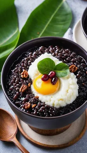 feijoada,black rice,dal makhani,jajangmyeon,arborio rice,chili con carne,gallo pinto,frijoles negros,açaí na tigela,chile and frijoles festival,korean royal court cuisine,huaiyang cuisine,frijoles charros,lentil soup,dinuguan,rice with minced pork and fried egg,korean chinese cuisine,grass jelly,arroz a la valenciana,egg dish,Photography,General,Realistic