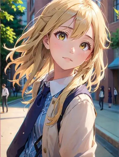 anime student girl with long blonde hair walking on street,student,anime,uniform,blonde,school,college,Anime,Anime,Traditional