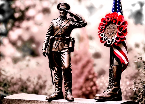 Memorial Day, American flag, wreath, poppy flowers, solemn atmosphere, veteran saluting, statue of soldier, black and white photography, shallow depth of field, warm lighting, panoramic view, close-up