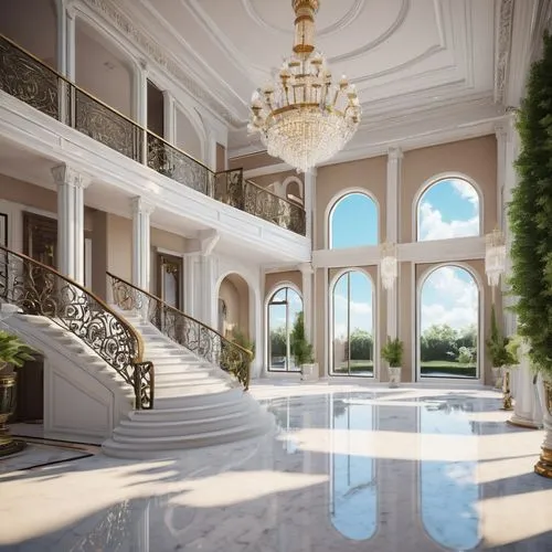 Modern villa, Unreal Engine, photorealistic, luxurious interior, marble floor, grand staircase, crystal chandelier, detailed furniture, softbox lighting, cinematic composition, 3/4 view, warm color to