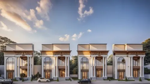 Four independent boutique villas, classic , beautiful, elevation, white and beige color scheme, modern element , parametric design,mortuary temple,prefabricated buildings,doric columns,cube stilt hous