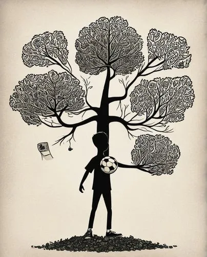 A cartoon of a boy with a soccer ball and his finances grow like a tree,arborist,family tree,branching,the branches of the tree,tree of life,tree pruning,book illustration,cardstock tree,rooted,birch 