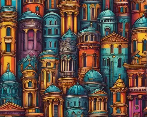 Colorful architecture stickers, various shapes, 3D designs, glossy finish, reflective surface, intricate details, ornate patterns, modern skyscraper, ancient Greek columns, medieval castle walls, vibr