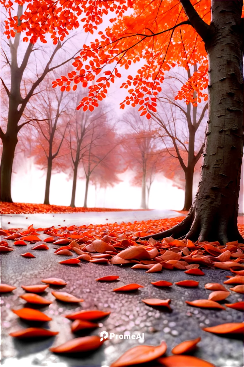 Fall scenery, autumn season, vibrant orange leaves, trees stretching towards sky, warm sunlight filtering through branches, shallow depth of field, soft focus, panoramic view, 3/4 composition, realist