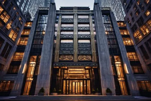 Raymond Hood architecture, skyscraper, art deco style, geometric patterns, metallic materials, ornate details, grand entrance, symmetrical composition, urban cityscape, New York City, evening scene, w