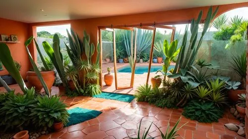 Modern Mexican Interior Design, Living Room, vibrant Mexican textiles, rustic terracotta tiles, lush indoor agave
,a pool and a lot of potted plants in a room,solarium,majorelle,tropical house,palm ga