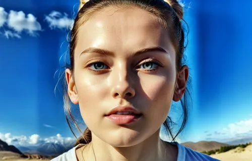 the young woman is posing for a po,girl making selfie,mongolian girl,girl on the dune,adobe photoshop,girl in a long,in photoshop,Photography,General,Realistic