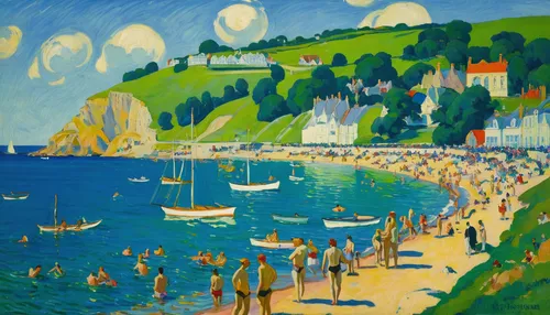 beach landscape,etretat,beach huts,tenby,summer beach umbrellas,swanage,swanage bay,people on beach,breton,basset artésien normand,normandy,dorset,south of france,coastal landscape,chalk cliff,george russell,carbis bay,runswick bay,cliffs of etretat,brighton,Art,Classical Oil Painting,Classical Oil Painting 27