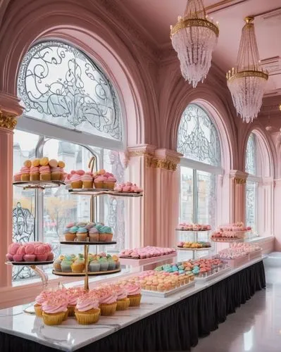 Cupcake shop, French Renaissance style building, ornate details, grand entrance, arched windows, Victorian-era inspired interior, luxurious chandeliers, marble countertops, velvet drapes, intricately 