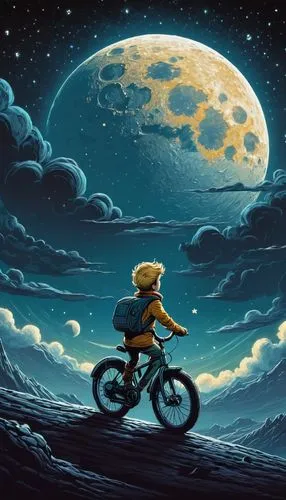 et,nightrider,nightriders,moon car,bicyclist,bicycle,biking,bici,motorcycle,bike rider,nightride,big moon,motorbike,cyclist,bicicleta,mtb,bmx,sci fiction illustration,moon and star background,scooter riding,Illustration,Realistic Fantasy,Realistic Fantasy 25