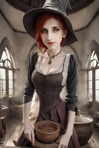 girl in the kitchen,bewitching,witching,the witch,hatter,witch,barmaid,gretel,abigaille,toil,witchfinder,demelza,cupbearer,witchel,halloween witch,housemaid,witch's hat,gothic woman,bewitch,rasputina,Photography,Realistic