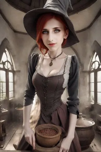  evil witch, dark fantasy,  dress, red hair, witch's hat, medieval dress, cauldron, room of an old house, a window from which you can see a stormy sky,girl in the kitchen,bewitching,witching,the witch