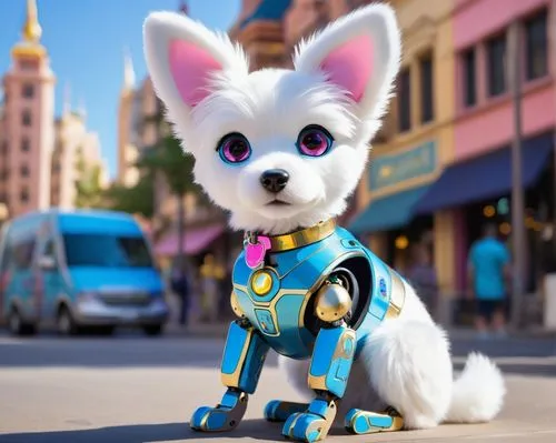 Disney style, AI dog, cute, cartoonish, sitting, fluffy white fur, big brown eyes, pink nose, floppy ears, blue collar with golden name tag, shiny metallic body parts, robotic limbs, glowing blue circ