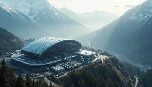 Mountainous energy plant, futuristic design, curved metal structure, transparent glass roof, snow-capped mountains in background, misty atmosphere, subtle fog, rugged terrain, rocky cliffs, pine trees