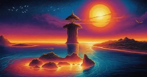 sunset at africa,fly birds,krakatoa,lava lamp,atlantis,fantasy landscape,fantasy picture,futuristic landscape,spelljammer,lighthouse,gallifrey,lighthouses,krakatau,fairy chimney,atlantik,atlantica,cen