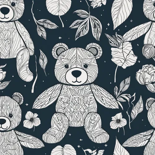 Vintage Teddy Digital Pattern,seamless pattern,seamless pattern repeat,woodland animals,wood daisy background,background pattern,birch tree background,roses pattern,birch tree illustration,little bear