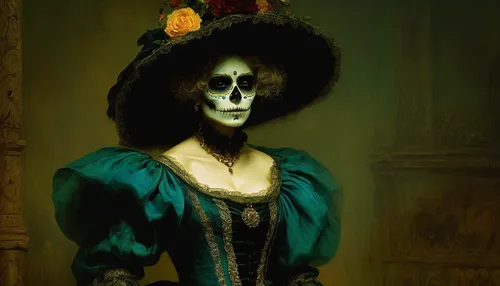 la calavera catrina,la catrina,victorian lady,catrina calavera,gothic portrait,calavera,voodoo woman,day of the dead skeleton,green icecream skull,dia de los muertos,day of the dead,dead bride,the carnival of venice,danse macabre,skull bones,days of the dead,memento mori,el dia de los muertos,dance of death,calaverita sugar,Art,Classical Oil Painting,Classical Oil Painting 44