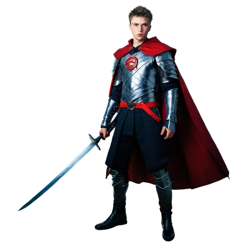 Fantasy game character, young warrior, solo, (18yo), strong facial features, short spiky hair, silver armor, red cape flowing behind, holding sword, standing heroically, dramatic lighting, cinematic c