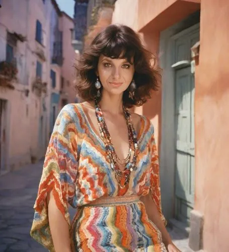 a woman wearing celets standing on a sidewalk,caftan,caftans,sophia loren,kaftan,kaftans,cardinale,Photography,Analog