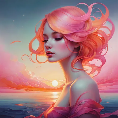 Describe a tranquil sunset, with hues of orange and pink melting into the peaceful horizon.,mermaid background,pink dawn,mermaid vectors,fantasy portrait,mystical portrait of a girl,fantasy art,world 