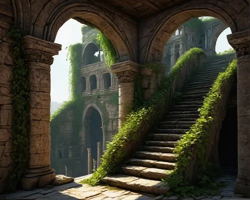 ruins,labyrinthian,ruin,theed,archways,castle ruins,mausoleum ruins,cryengine,ruine,winding steps,ancient ruins,stone stairs,the ruins of the,hall of the fallen,ruinas,ancient city,platforming,doorways,uncharted,staircases,Art,Classical Oil Painting,Classical Oil Painting 28