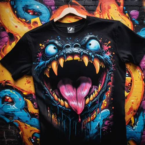 black t-shirt with scary graffiti tongue monster designs,print on t-shirt,big mouth,barong,cool remeras,three eyed monster,scream,t-shirt,t-shirt printing,snarling,roar,t shirt,king kong,roaring,mandr