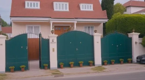 landscape , fence , house , classic , exterior , outdoor , trees , flowers , cars , street , people , lighting 
,a white house with dark green gates that is attached to the front gate,front gate,barre